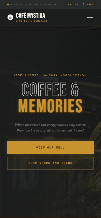 Café Mystika homepage on a phone