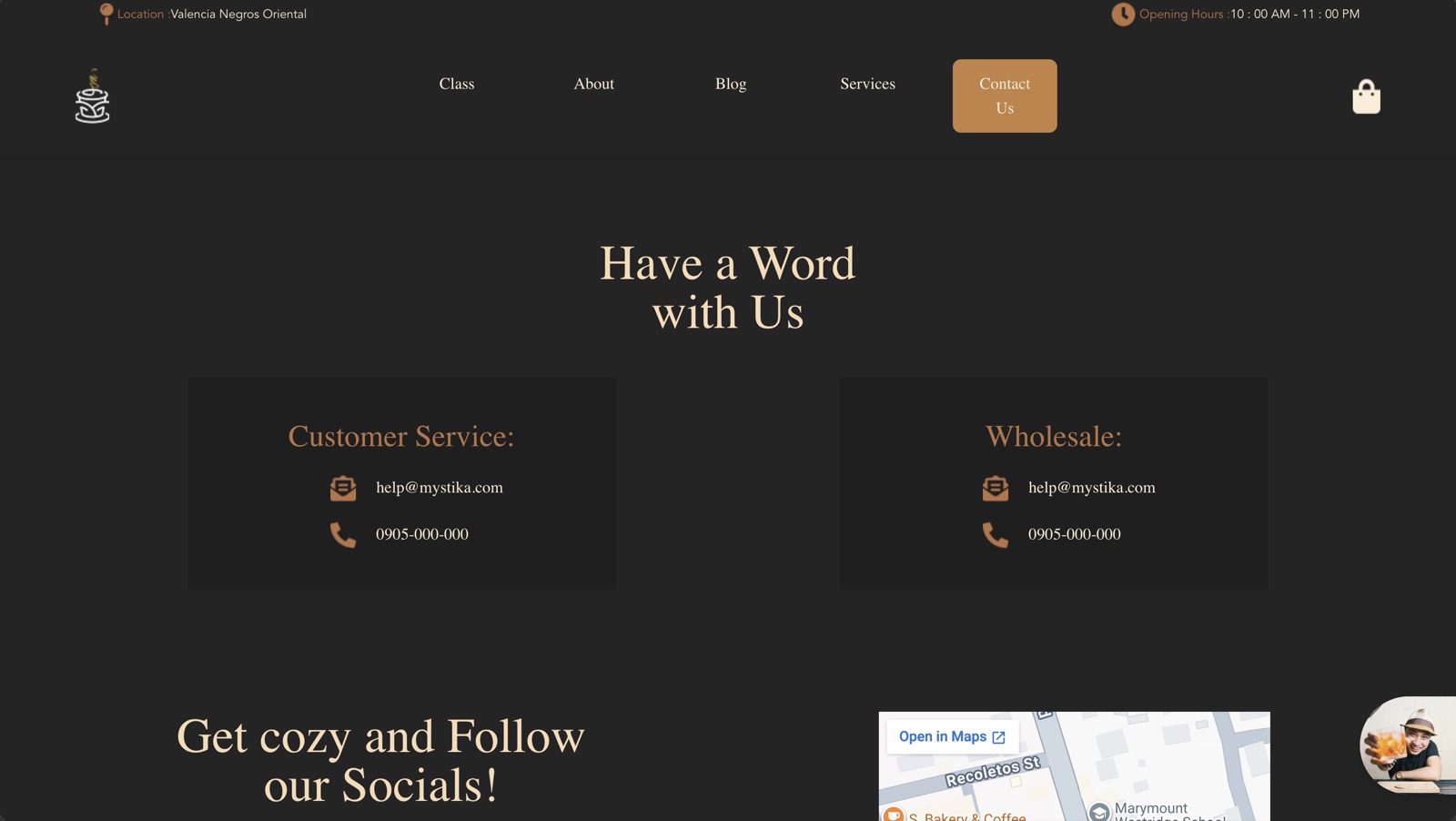 Old Café Mystika contact page: Customer Service and Wholesale cards both listing help@mystika.com and 0905-000-000