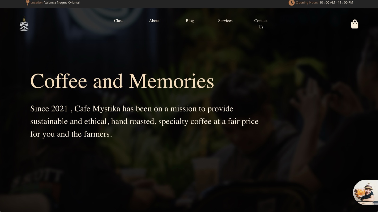 Old Café Mystika homepage: a dark photo behind the headline Coffee and Memories and a paragraph about the café's mission, with no buttons
