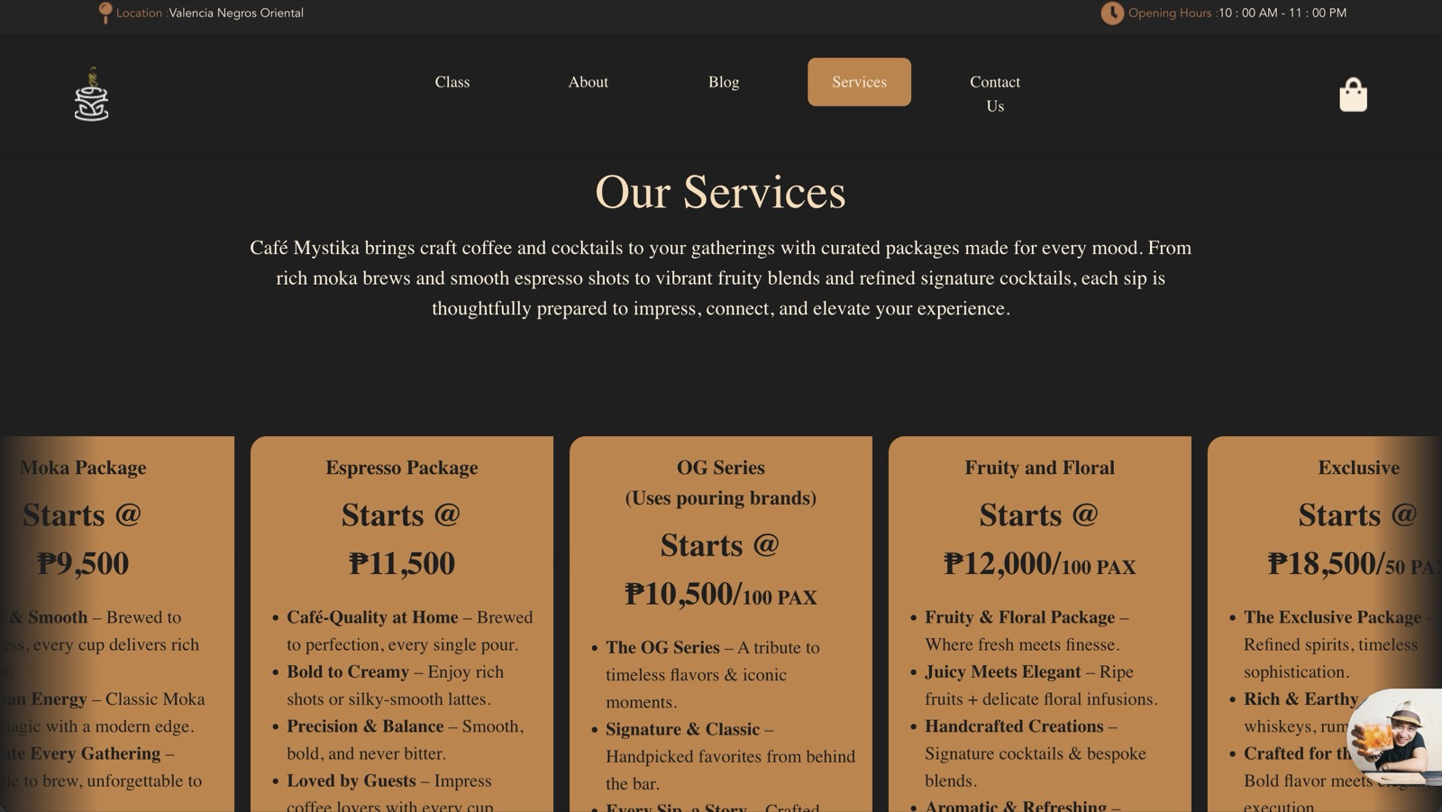 Old Café Mystika services page: 5 package cards in a row, with the first and last clipped by the screen edge