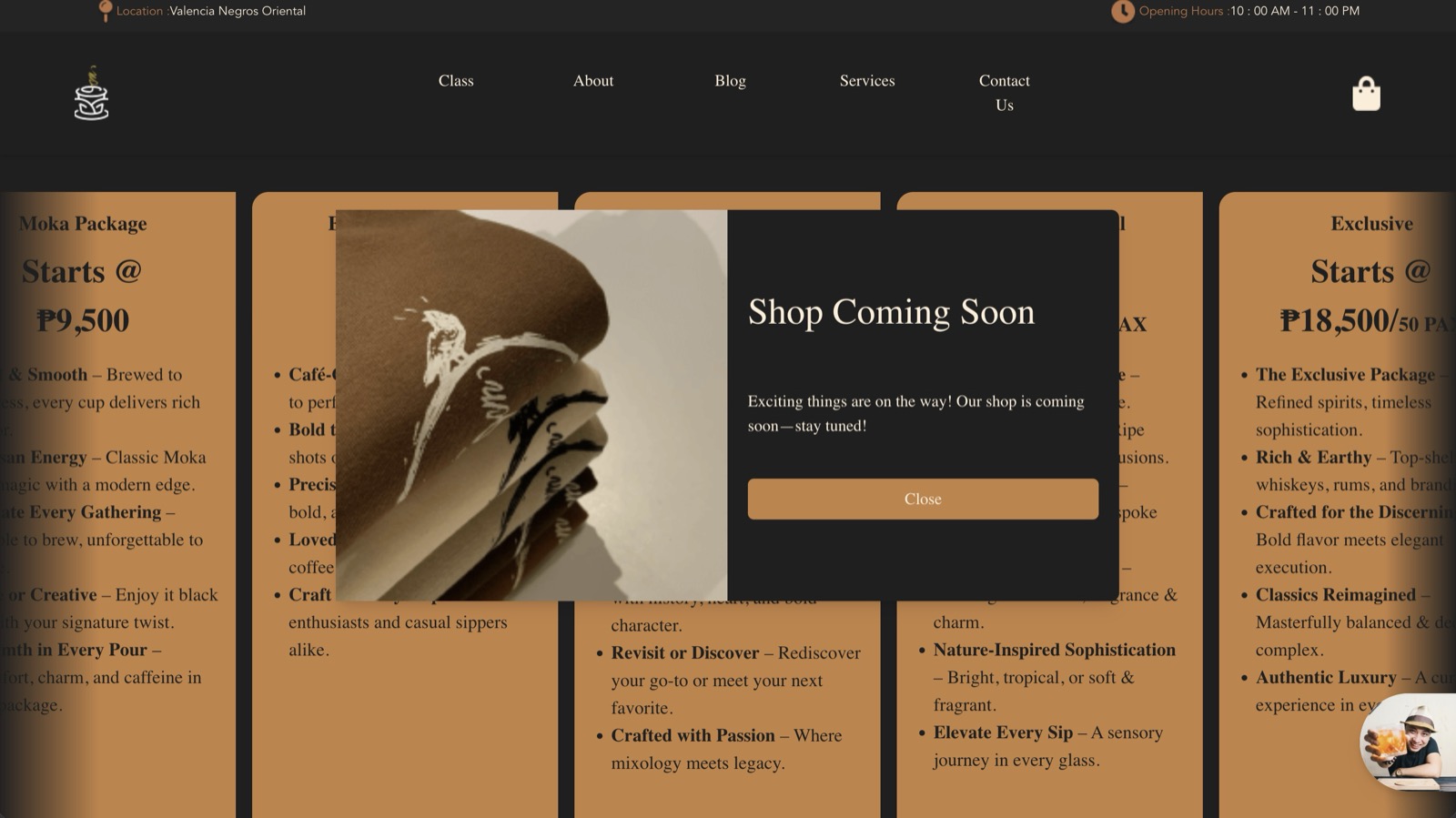 Old Café Mystika site with a Shop Coming Soon pop-up covering the services packages