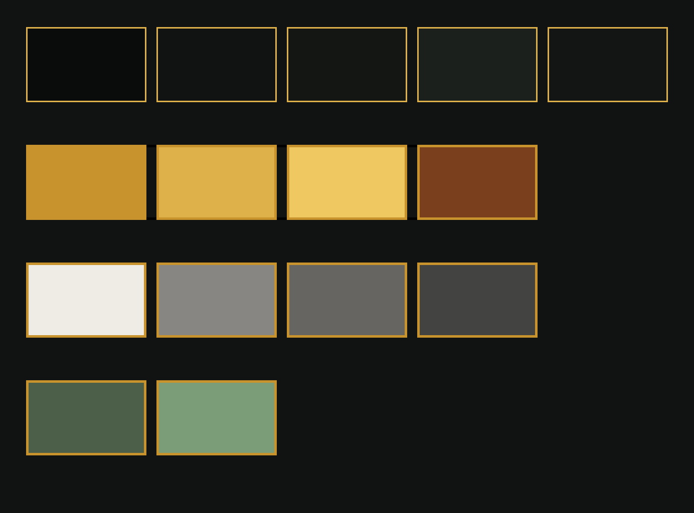 Colour kit: a row of 5 near-black surfaces, a row of golds from deep to pale plus rust, a row of chalk white to dark greys, and 2 sage greens