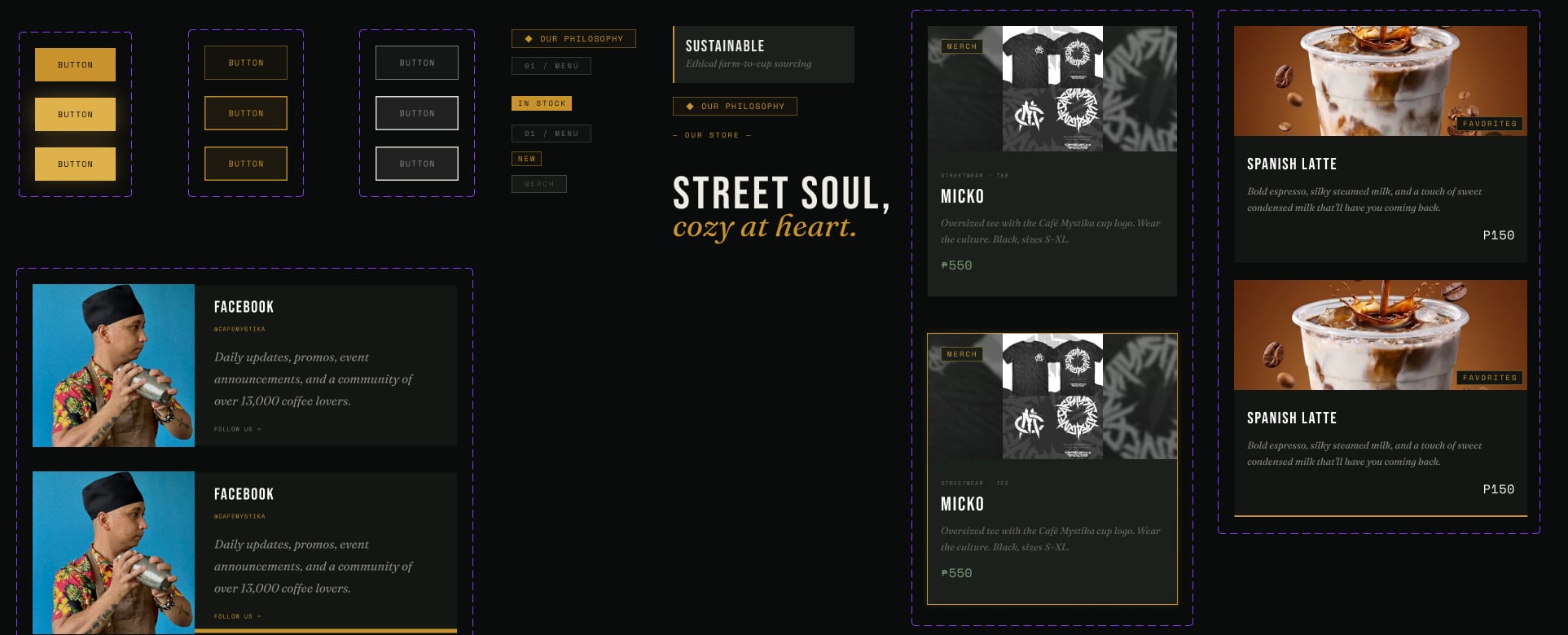 Component sheet: gold filled, gold outline and grey outline buttons, each in 3 states; small badges such as In stock, New and 01 / Menu; and social, merch and menu cards shown in their default state and their hover state with a gold border or gold underline
