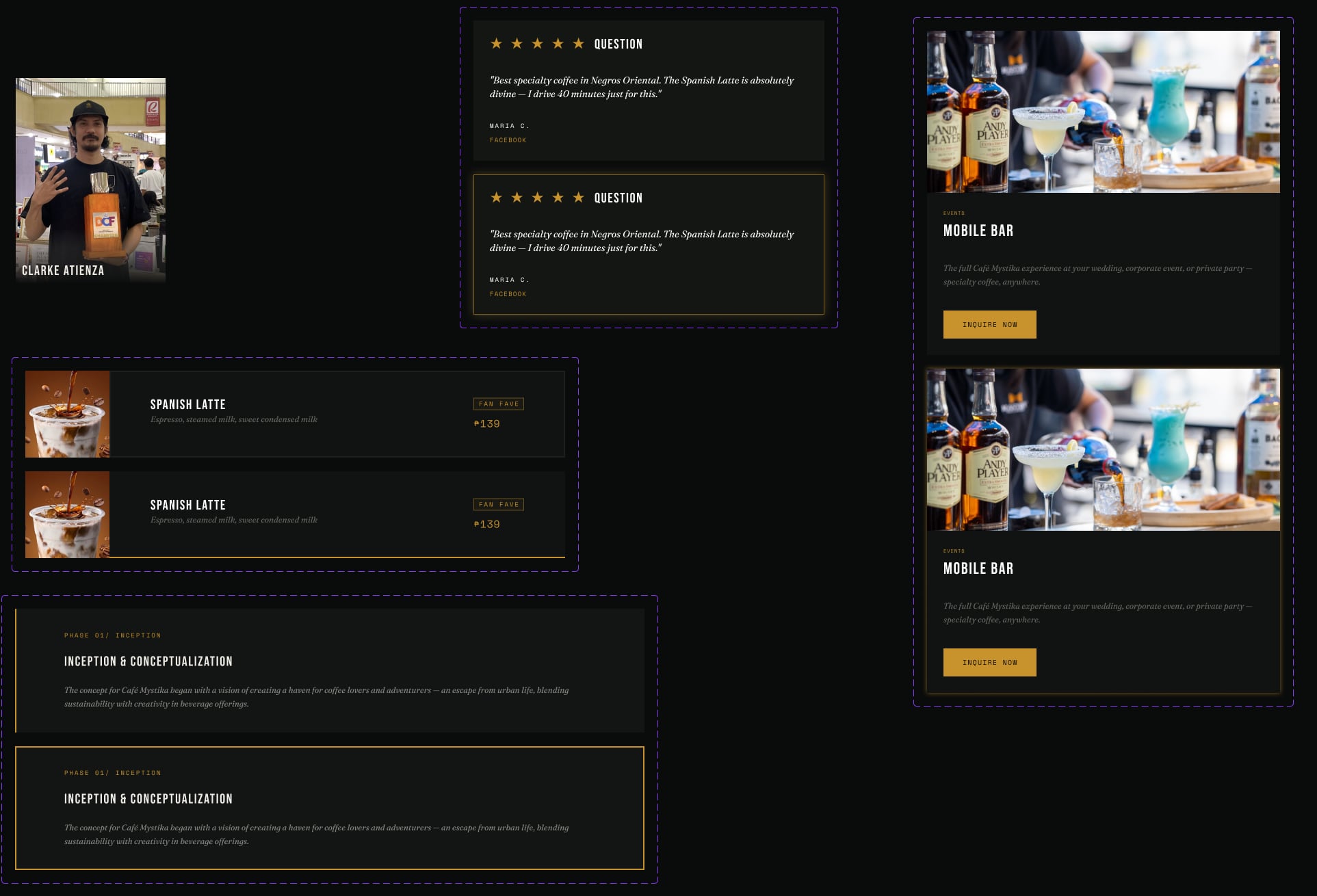More card states in pairs: a 5-star review card, a menu row for Spanish Latte at ₱139, a story timeline card and a Mobile bar service card with an Inquire now button, each shown plain and then with a gold border or underline on hover