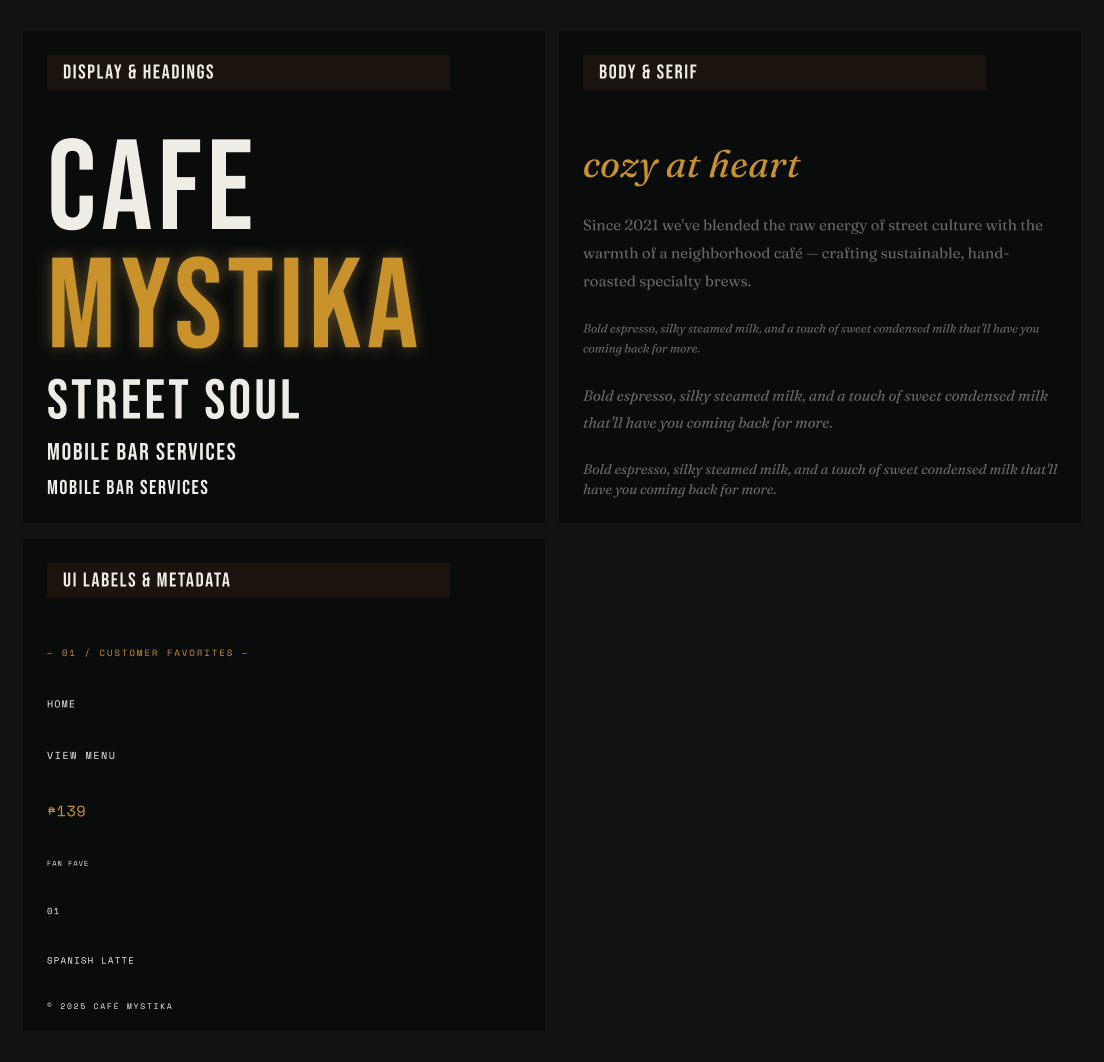 Typography sheet: Café Mystika in tall Bebas Neue capitals with Mystika in glowing gold, cozy at heart in gold Fraunces italic with body text below, and small Space Mono labels such as View menu, a ₱139 price and Fan fave