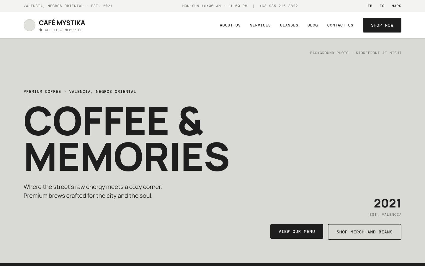 Desktop homepage wireframe in grey: top bar, navigation, the headline Coffee and Memories, and View our menu and Shop merch and beans buttons at the bottom right