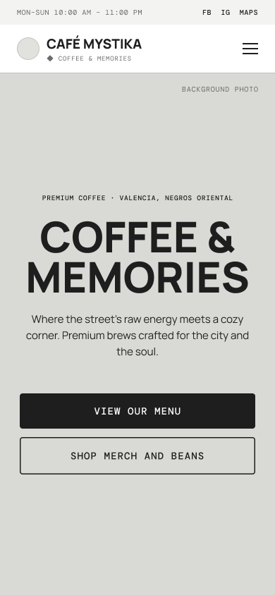 Mobile homepage wireframe in grey: hours bar, logo and menu icon, centred headline, and 2 full-width buttons