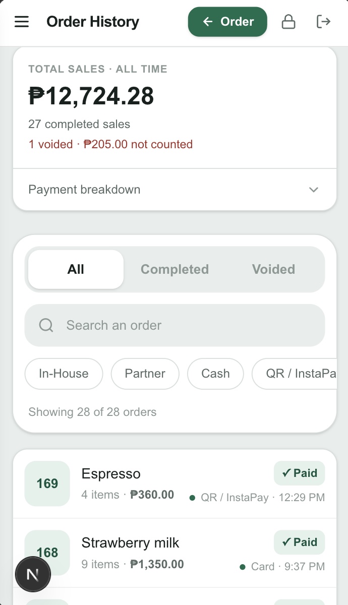 Cupsync order history on a phone, showing total sales, filters and paid orders