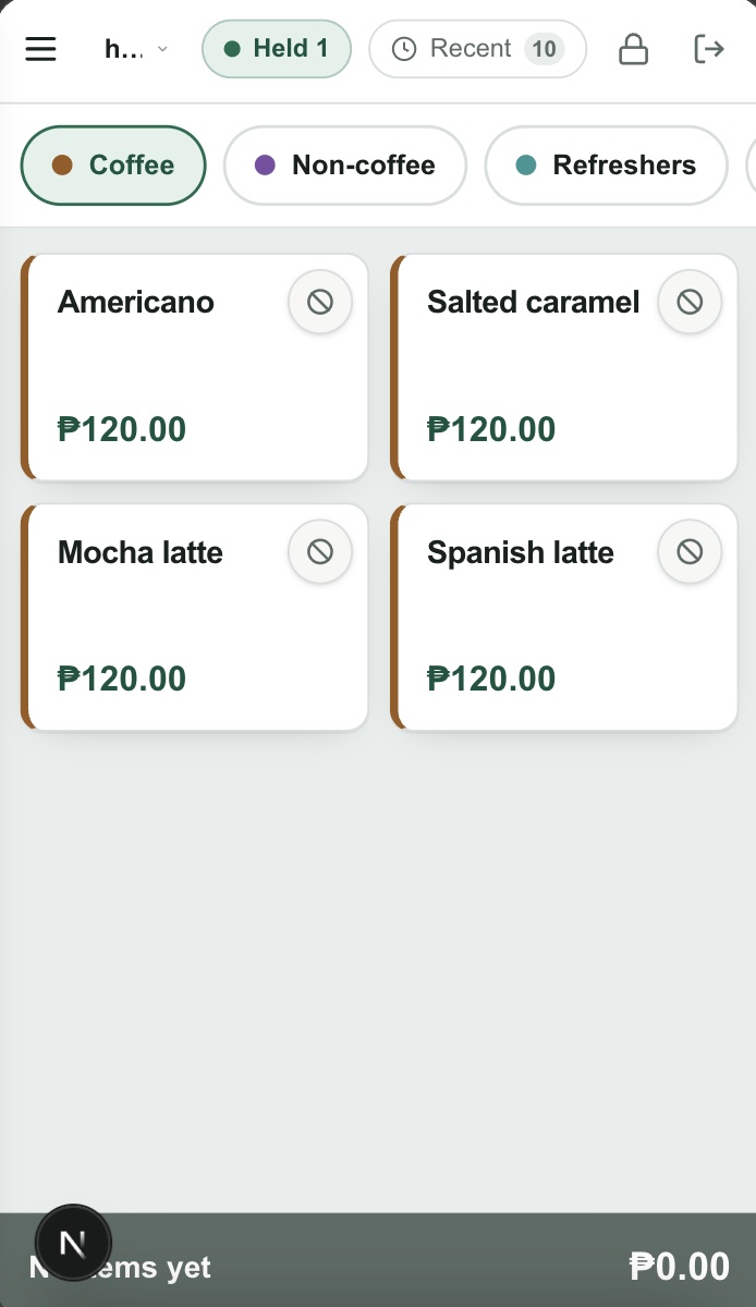 Cupsync order screen on a phone, with the category chips, 4 coffee tiles and the running total bar