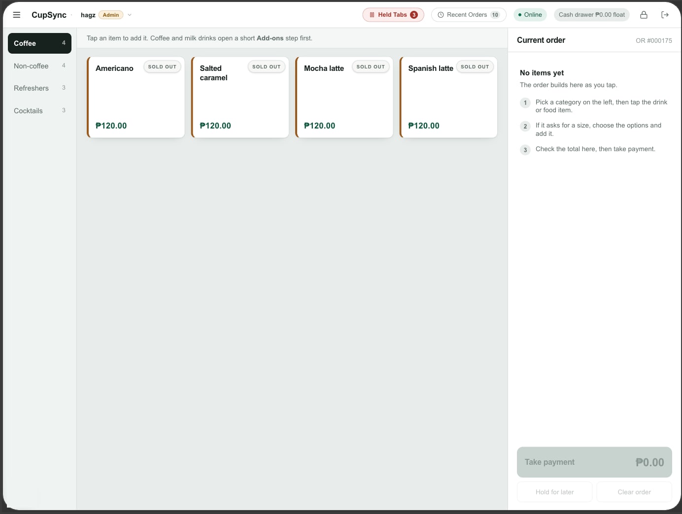 Cupsync order screen on the tablet, with categories, drink tiles and the current order