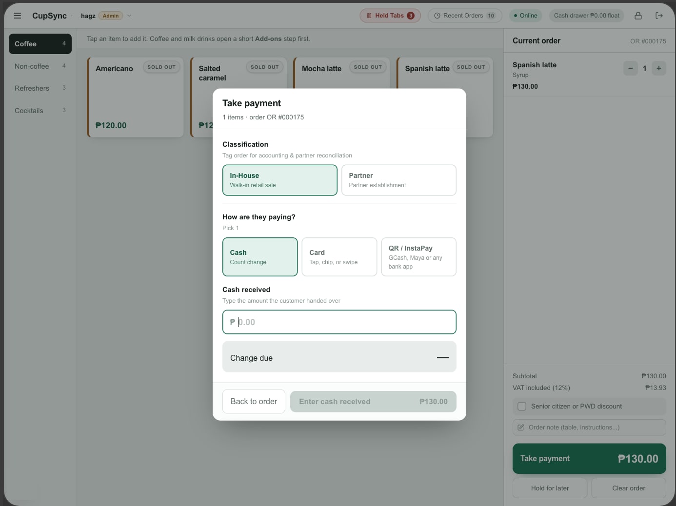 Cupsync Take payment sheet: In-House or Partner classification, Cash, Card or QR / InstaPay payment choice, a Cash received field and a Change due line, with the Spanish latte order and VAT breakdown behind it