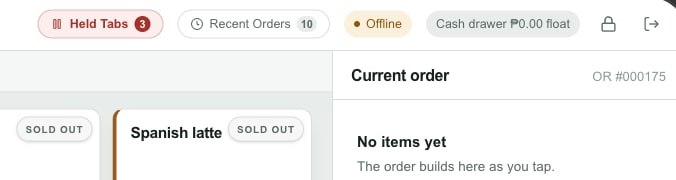 The same Cupsync header with an amber Offline badge, while the order screen stays fully usable