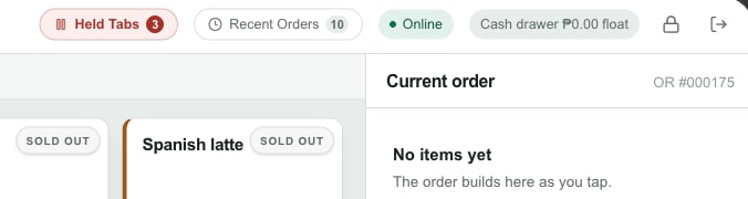 Cupsync header with a green Online badge next to Held Tabs, Recent Orders and the cash drawer float