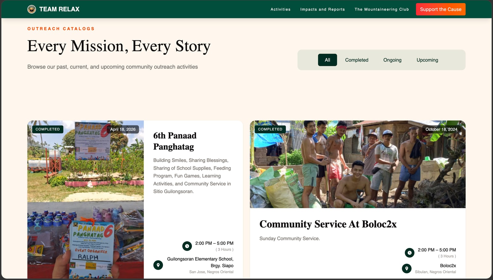Team Relax MC Activities page, Every Mission, Every Story: All, Completed, Ongoing and Upcoming filters, and cards for the 6th Panaad Panghatag and a community service day, each with a status badge, date, time and location