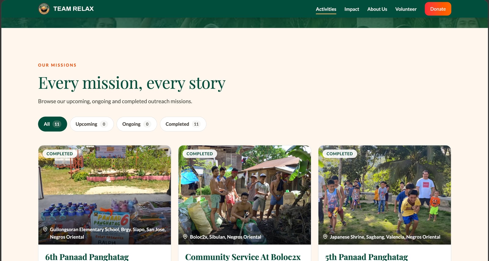 Revamped Activities page, Every mission, every story: All 11, Upcoming 0, Ongoing 0 and Completed 11 filters, and photo cards for completed missions with their locations