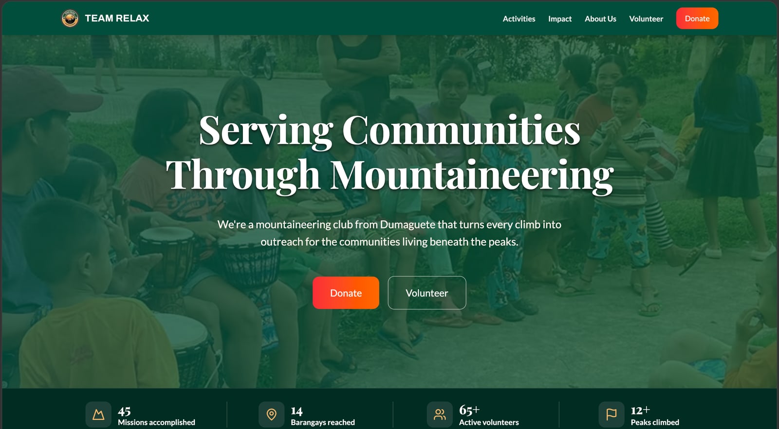Revamped Team Relax MC home page: Serving Communities Through Mountaineering over an outreach photo, a line explaining the club, Donate and Volunteer buttons, and a strip of totals: 45 missions accomplished, 14 barangays reached, 65+ active volunteers, 12+ peaks climbed
