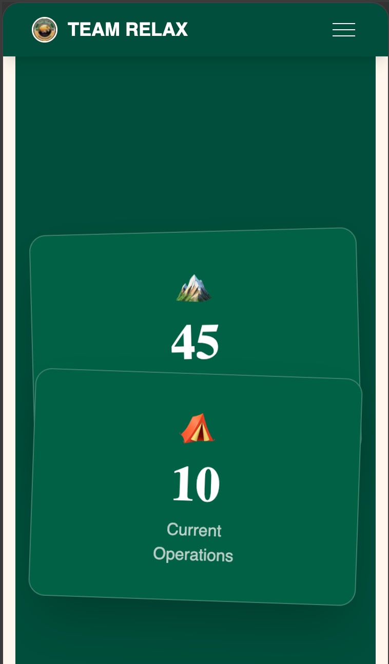 Team Relax MC stats on a phone: a tilted card showing 45 with a mountain icon, with the next card, 10 Current Operations with a tent icon, sliding up over it